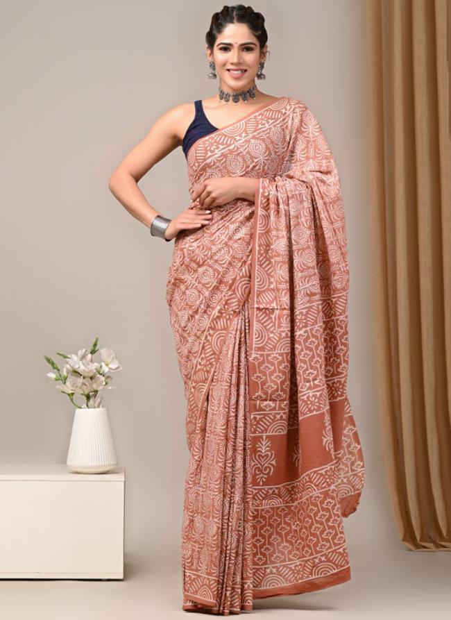 Cotton Light Orange Casual Wear Printed Saree